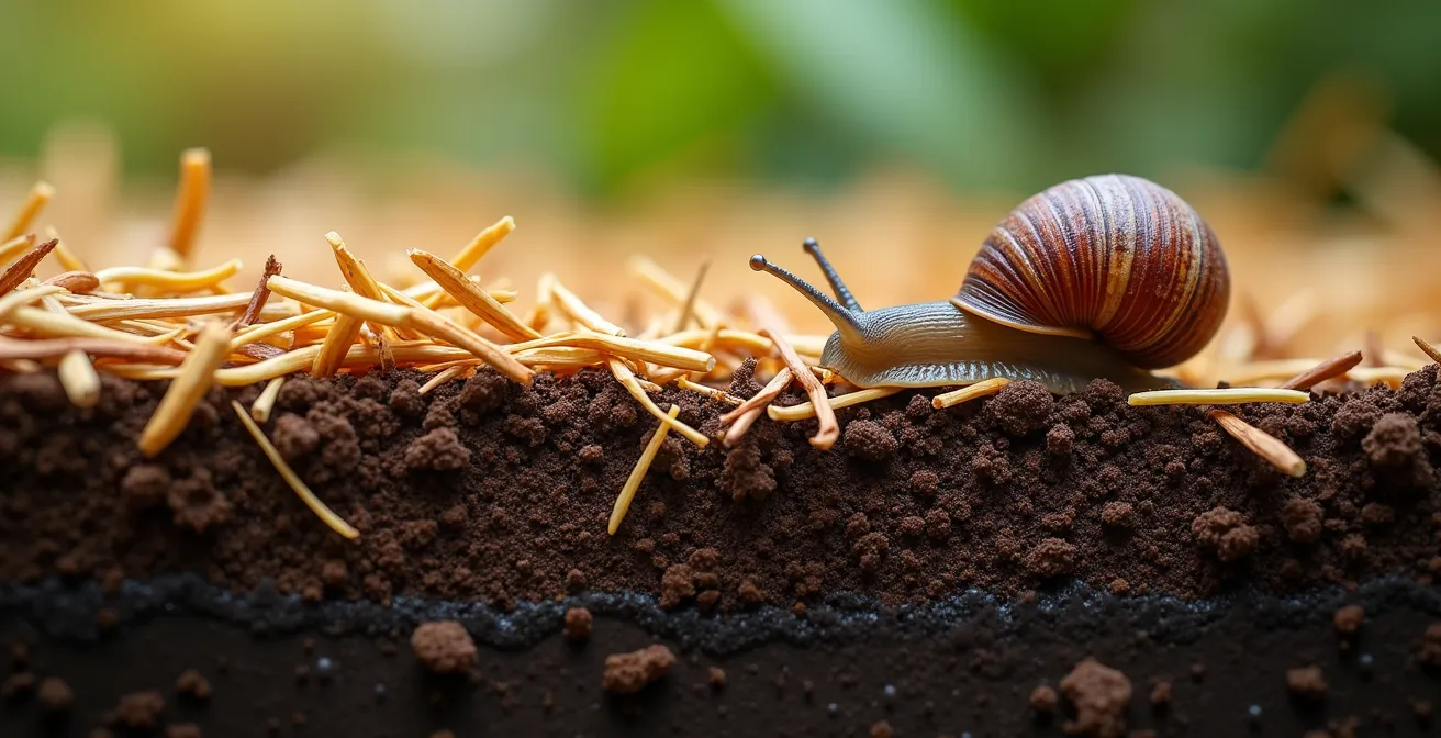 Close-up macro shot of golden straw mulch layers showing the dry upper surface and moisture retention below