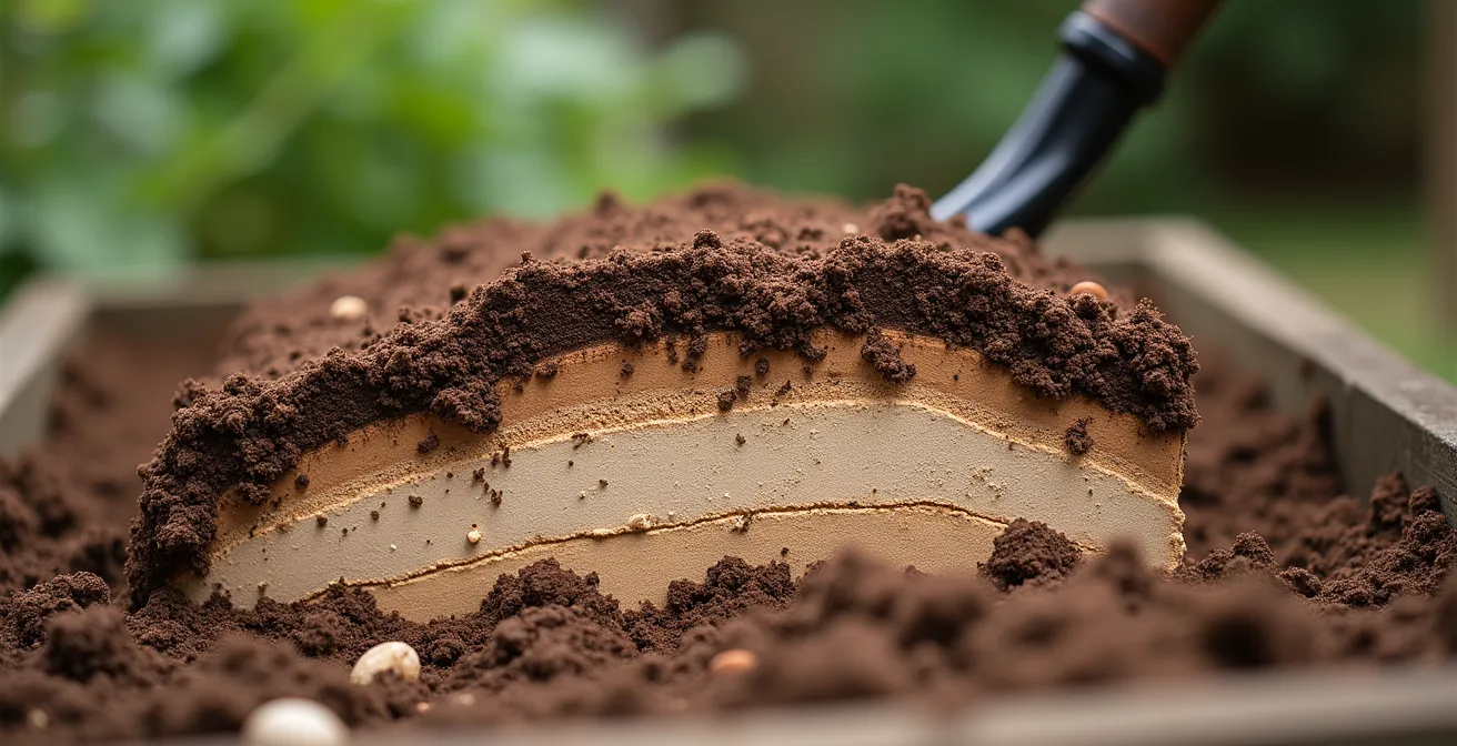 Cross-section view of subsoil inversion technique in heavy English clay soil for wildflower preparation