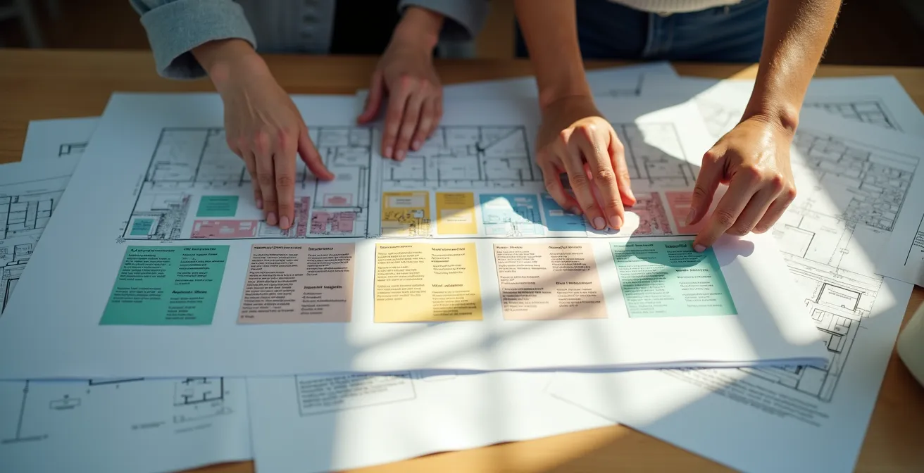 Close-up of hands arranging timeline cards on architectural plans for home retrofit project