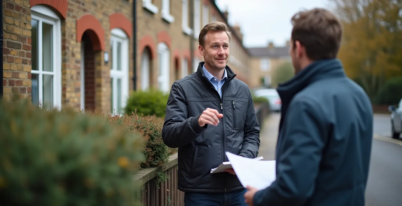 Professional retrofit coordinator examining Victorian property with technical equipment