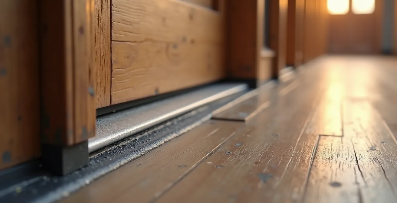 Macro shot of door frame with weather stripping and brush seal installation