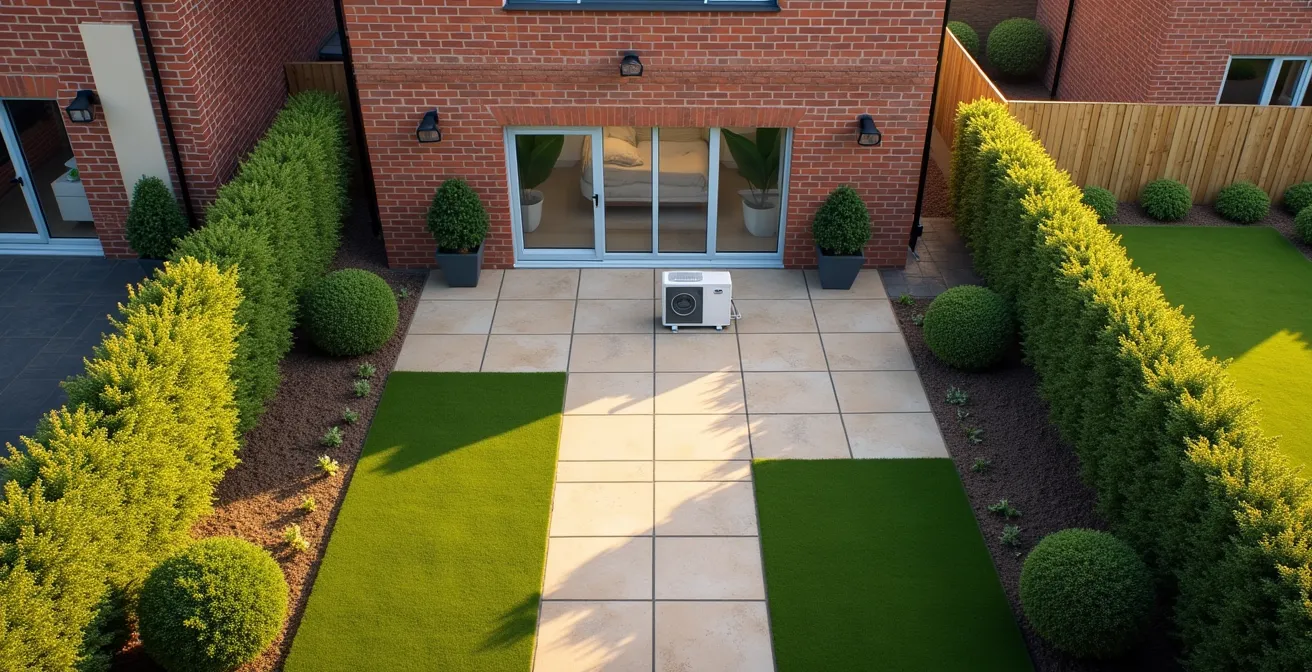 Overhead view of UK semi-detached house garden showing strategic heat pump placement with acoustic barriers