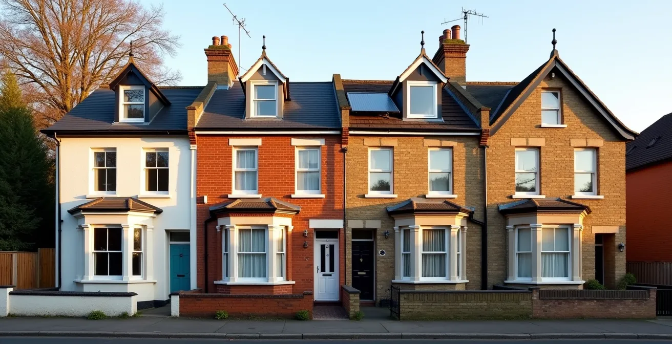 Wide shot of UK terraced houses showing progressive energy efficiency improvements from left to right