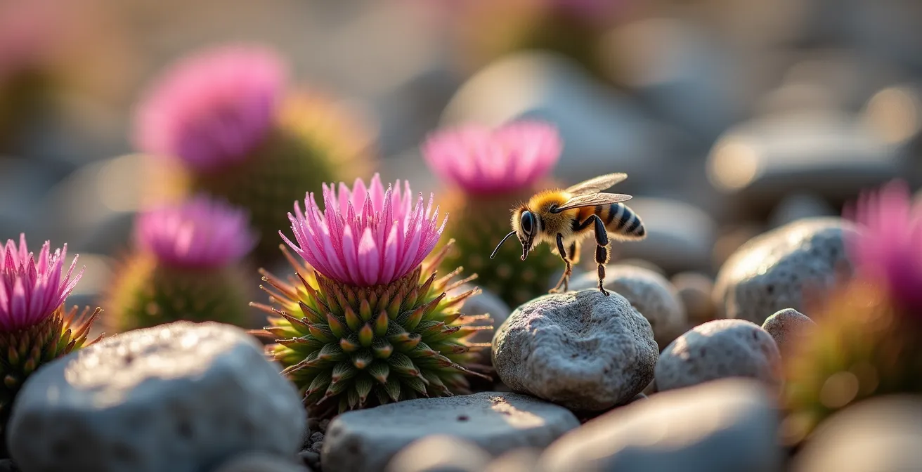 Living gravel garden in UK showing native wildflowers growing through gravel supporting pollinators