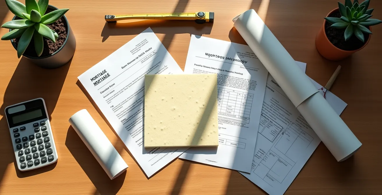 Professional desk arrangement showing technical documents and material samples for mortgage application