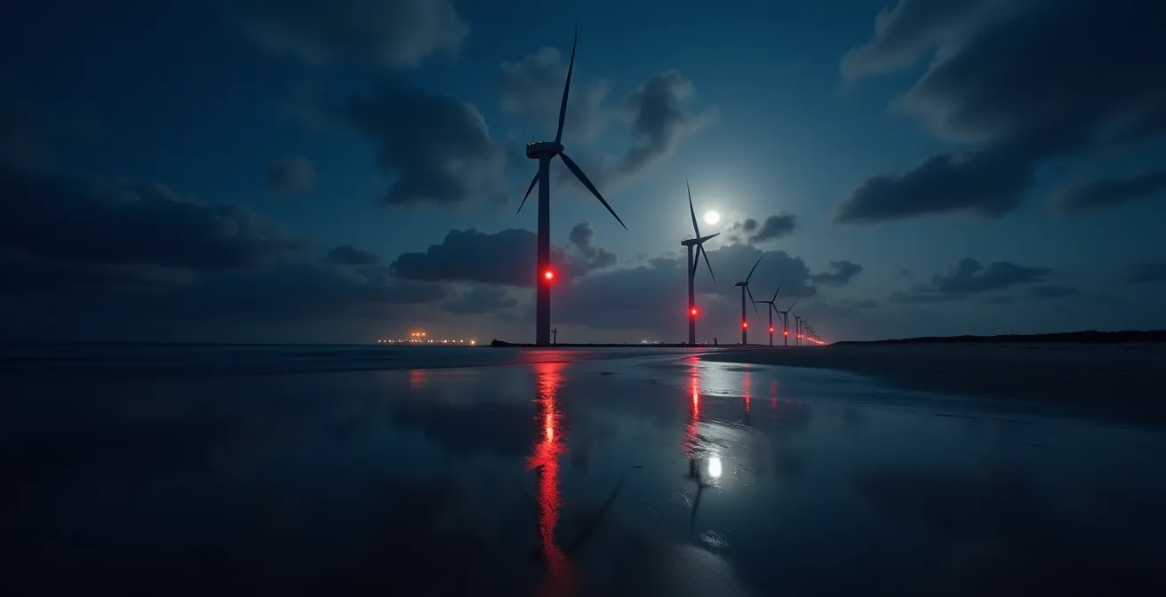 Offshore wind turbines generating electricity at night off the UK coast