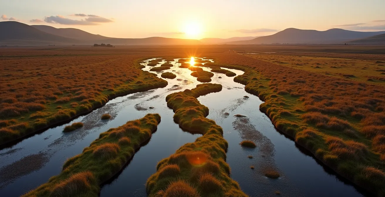 Aerial view of restored UK peatland landscape with visible wetland areas