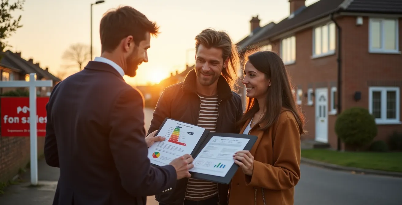 Estate agent showing energy performance certificate to potential buyers outside UK home