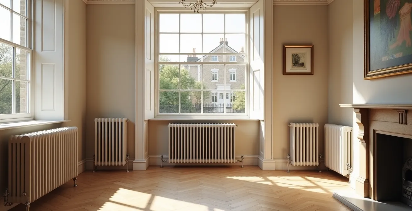 Interior view of British living room showing different radiator types for heat pump compatibility