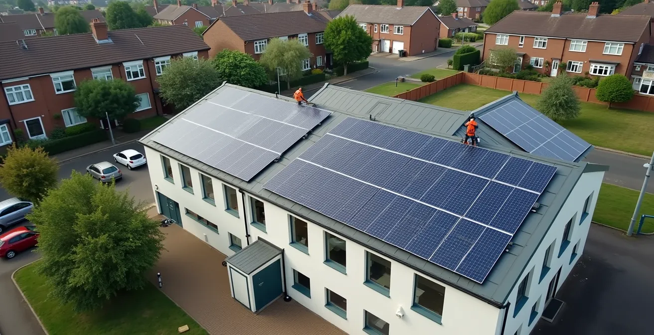 Aerial view of UK school building with solar panels being installed on roof by workers