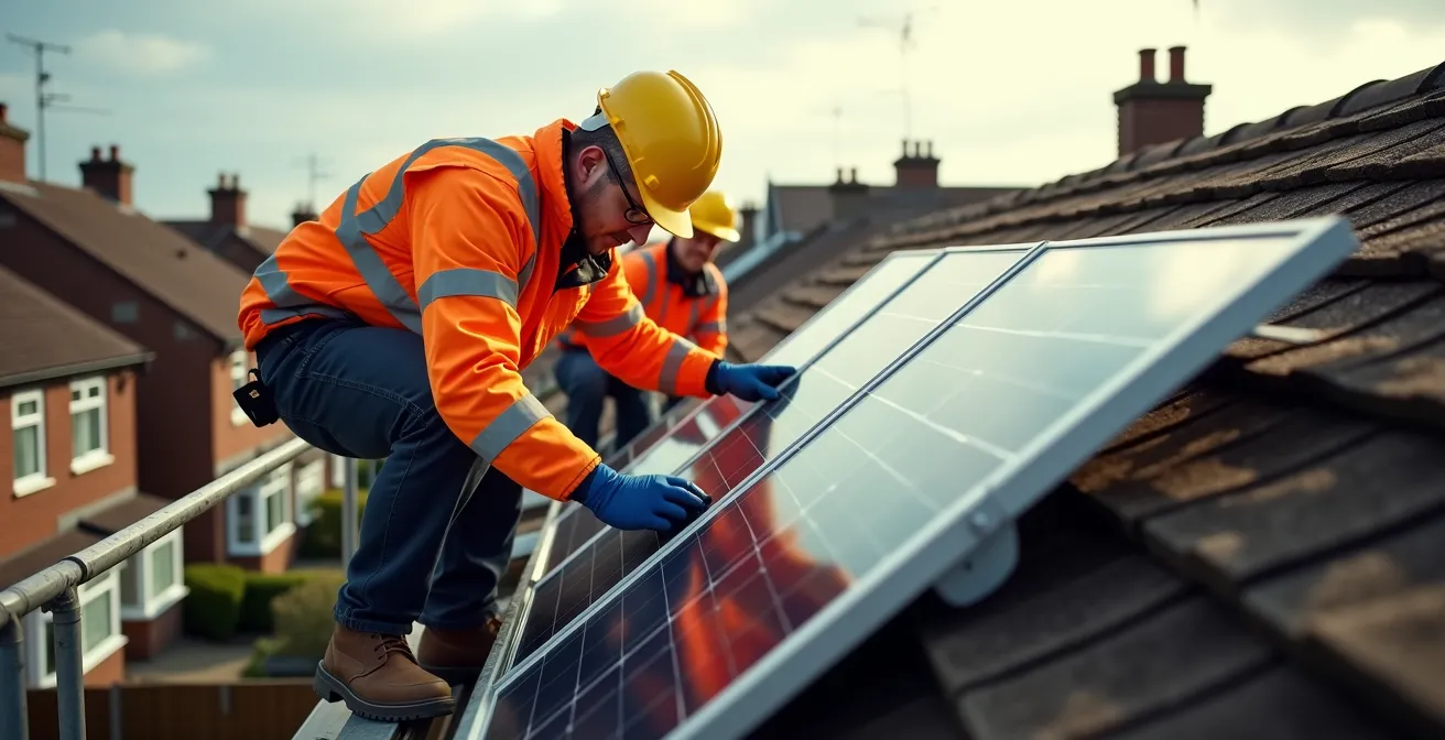 Professional solar installers working on UK residential rooftop with safety equipment