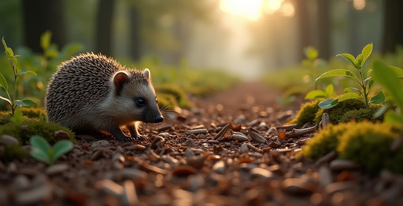Wide environmental shot of woodchip mulch creating wildlife habitat with native UK species