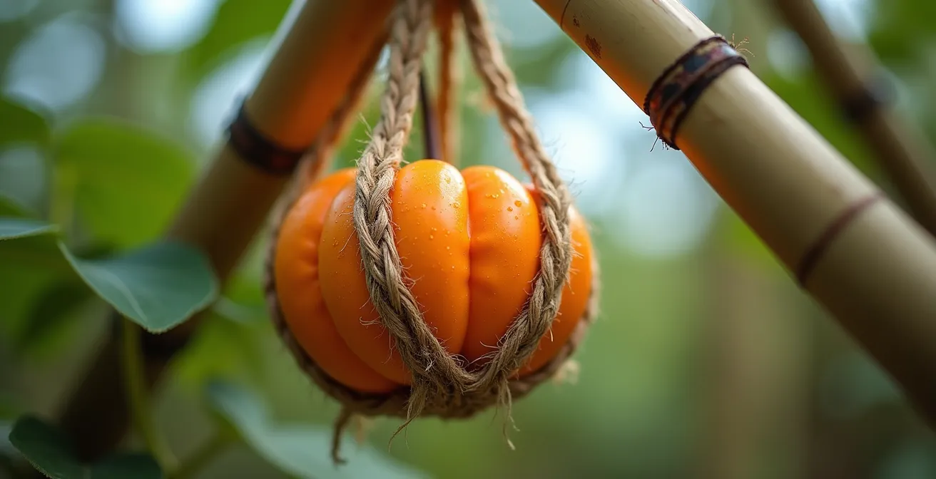 Productive vertical squash growing system with arched bamboo trellis supporting climbing plants
