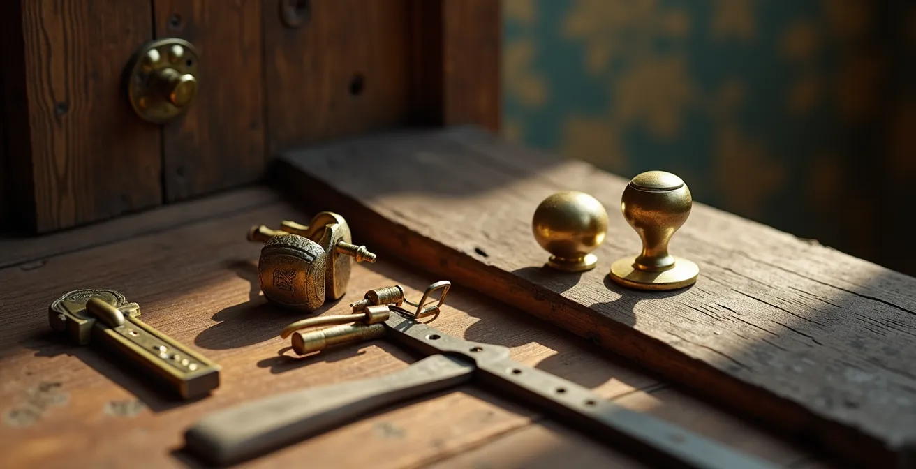 Symbolic arrangement of brass door hardware and draught-proofing materials