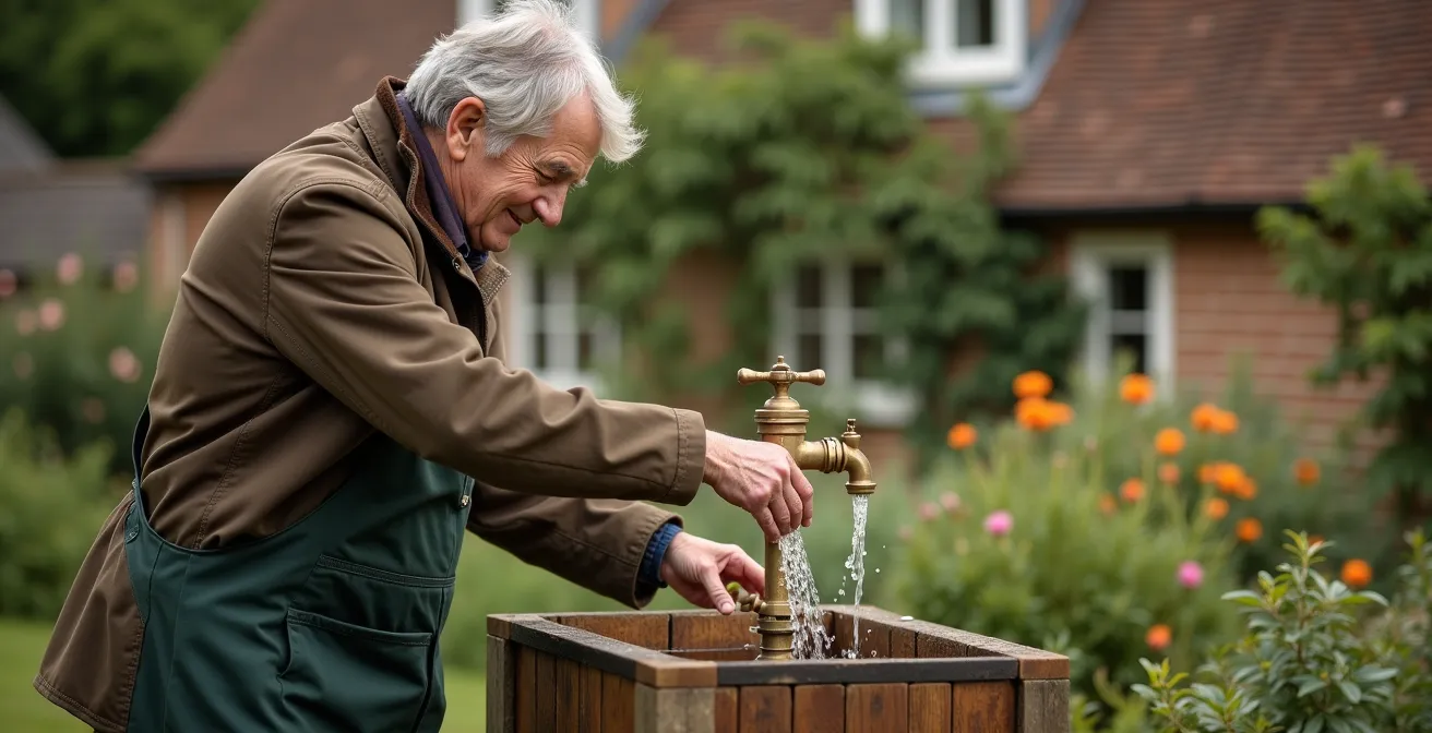 Legal water butt gravity-fed system in English cottage garden