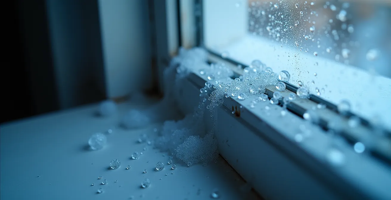 Extreme close-up macro shot of condensation droplets forming on the cold corner of an uninsulated window reveal.