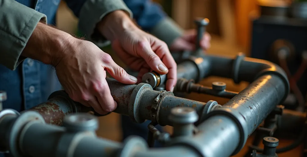 Close-up of hands working on heat pump installation with training instructor guiding Close-up of hands working on heat pump installation with training instructor guiding