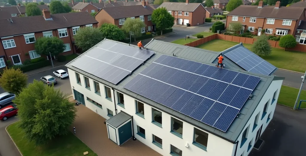 Aerial view of UK school building with solar panels being installed on roof by workers Aerial view of UK school building with solar panels being installed on roof by workers